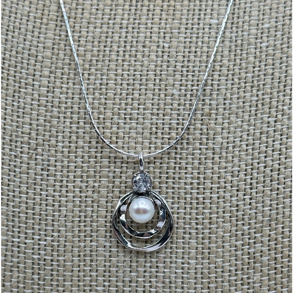 Sterling Silver Pearl & CZ Pendant Necklace